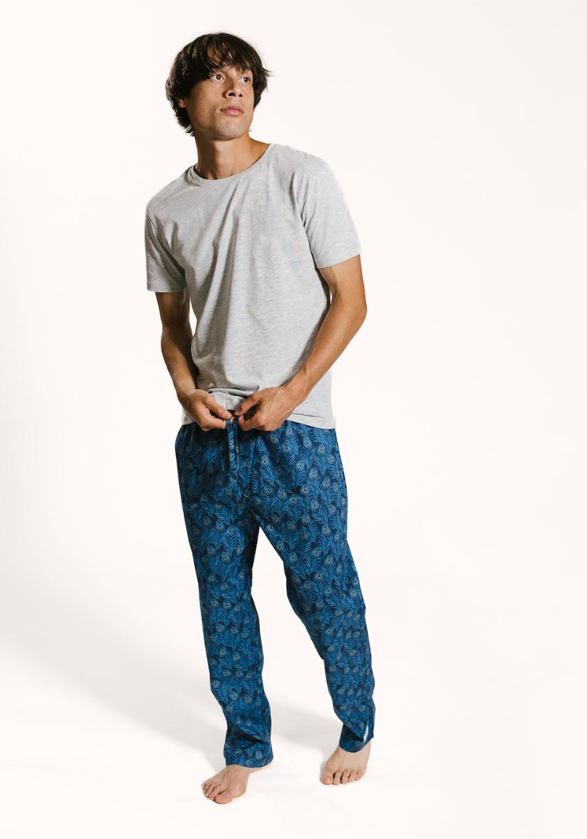 Luxury mens pyjama bottoms paired with a grey organic cotton t-shirt