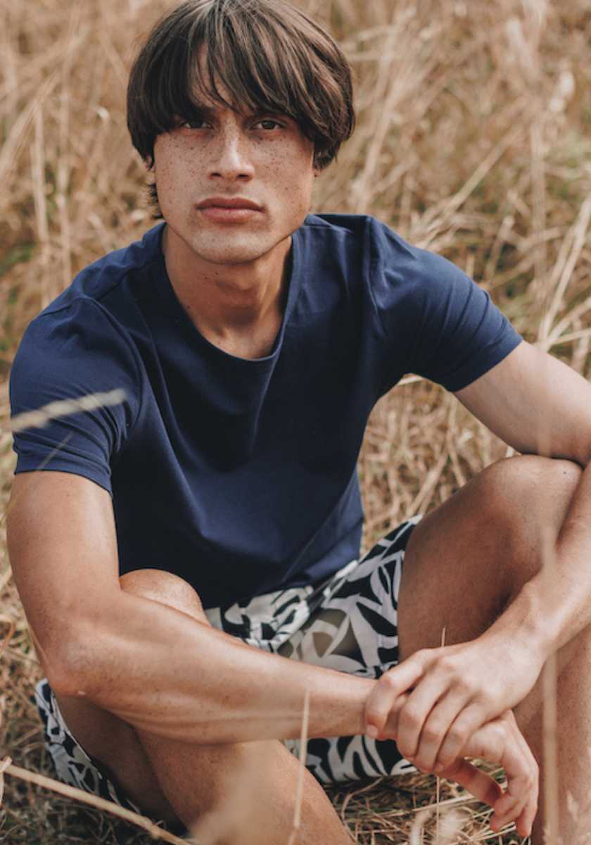 Model wearing organic grey classic sleepwear t-shirt