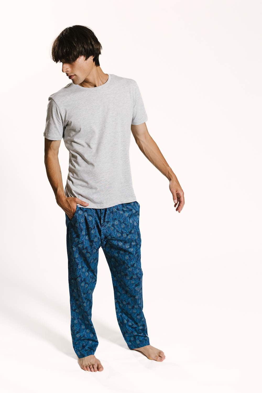 Hera Peacock Print Mens PJ Bottoms with grey t-shirt