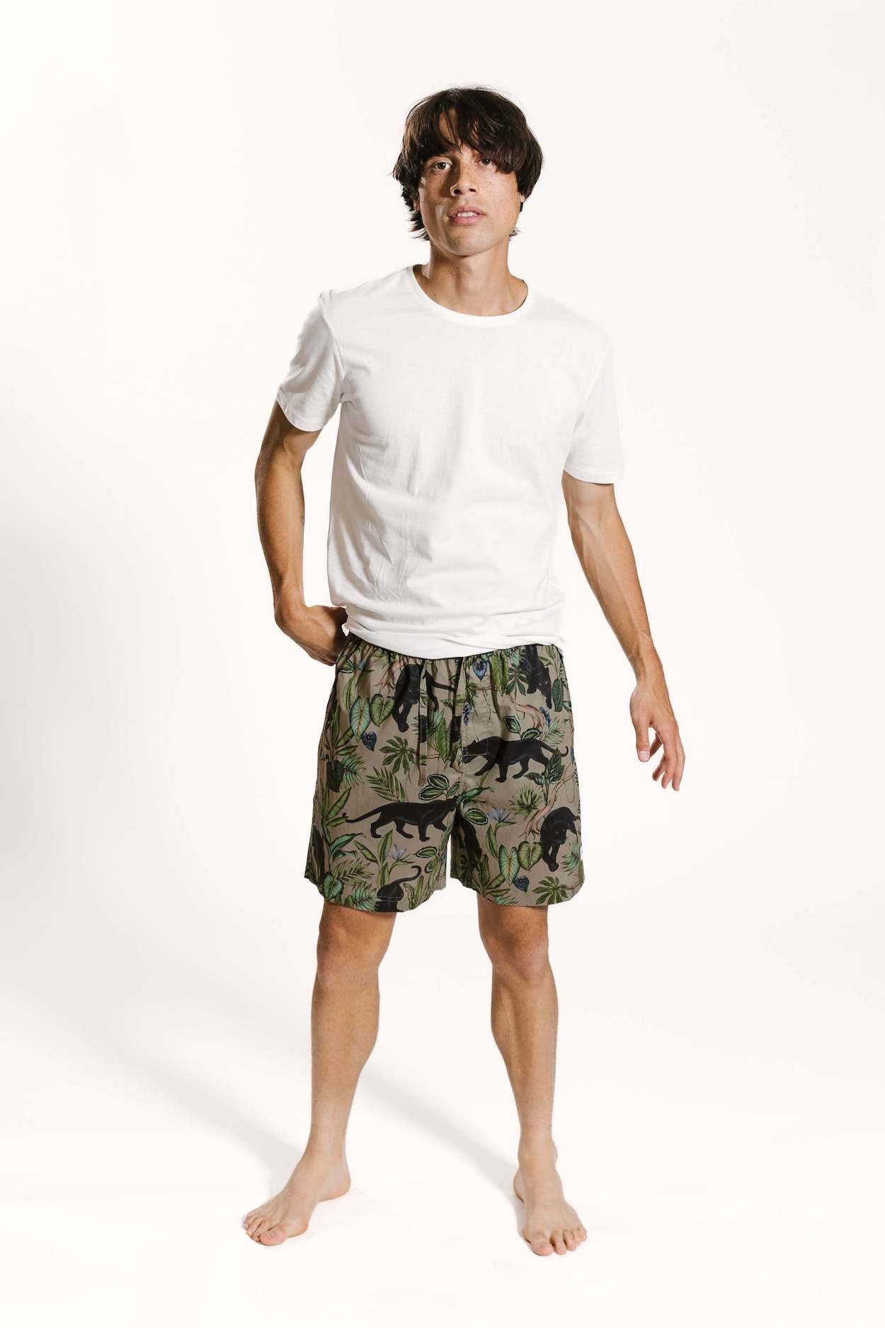 White organic cotton pyjama t-shirt paired with a tropical jungle panther printed pyjama shorts