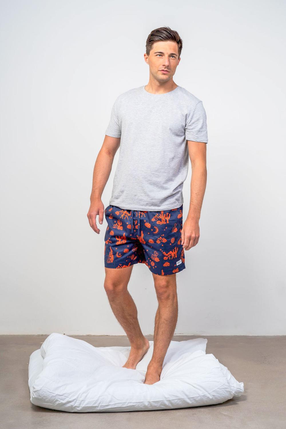 Model wearing Kalahari printed pyjama shorts