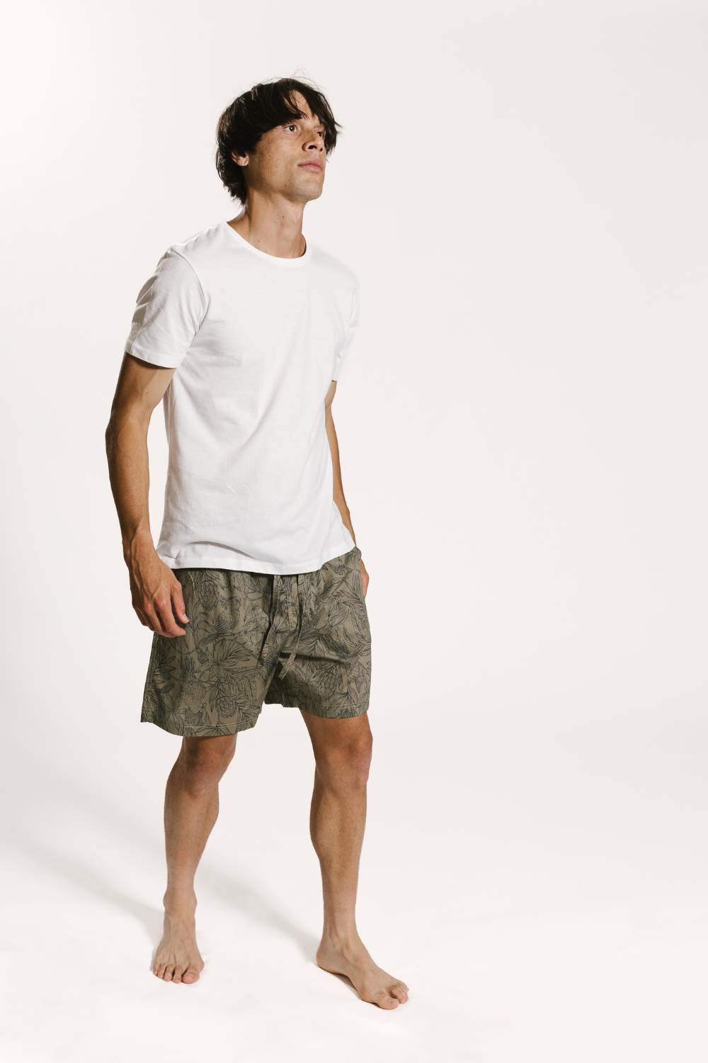 Model wearing lightweight cotton moluccan cockatoo drift sleepwear pyjama shorts