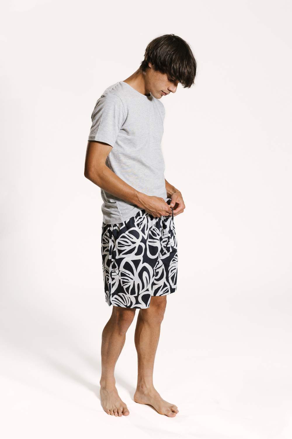 Model wearing panama printed organic cotton shorts set