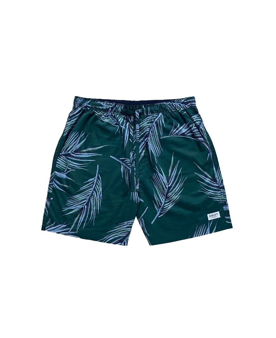 Men's Pyjama Shorts Dark Green Base Flat Lay Hand drawn Print