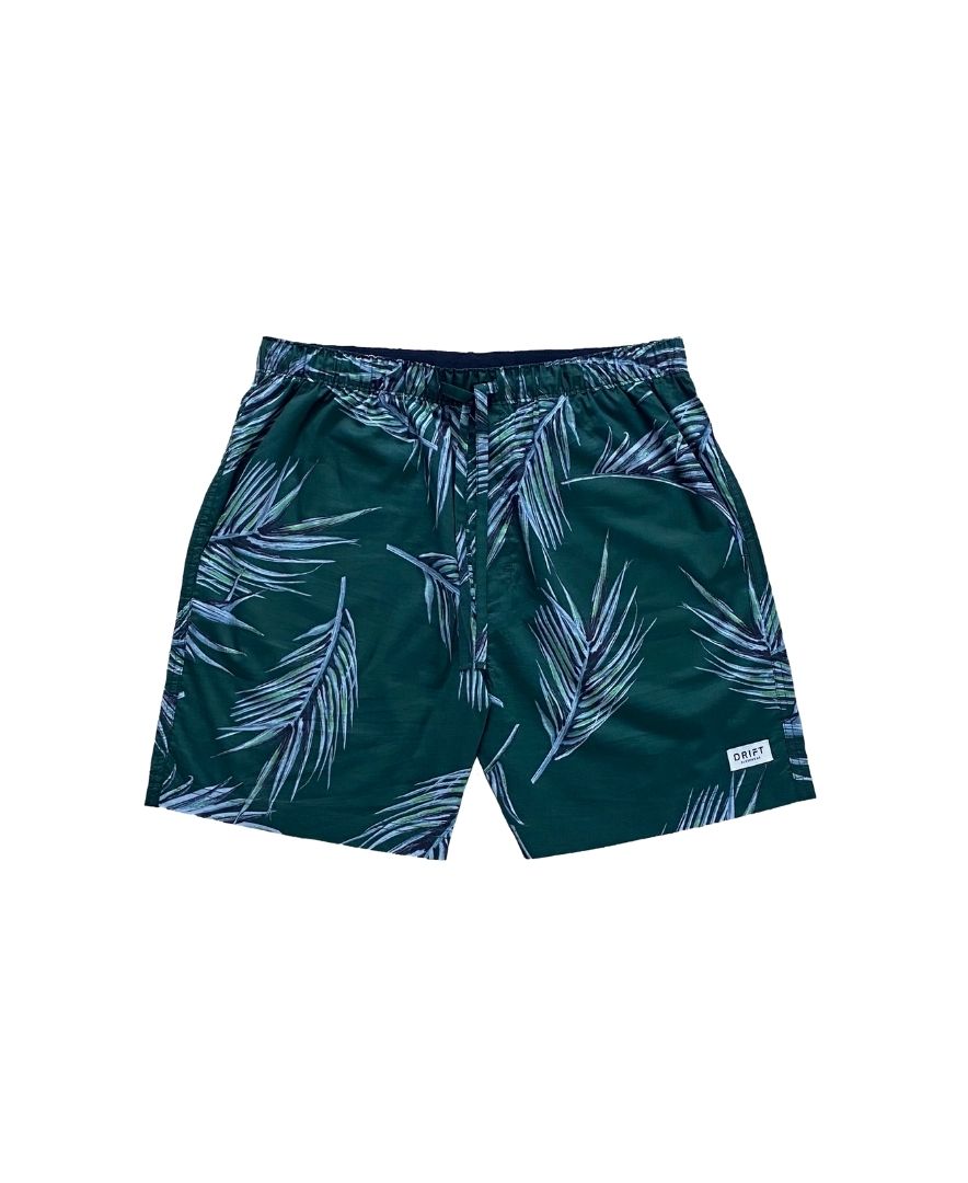 Men's Pyjama Shorts Dark Green Base Flat Lay Hand drawn Print 