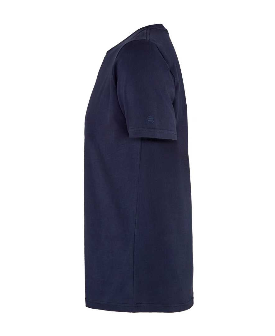 Side profile of navy organic cotton pyjama t-shirt flat lay