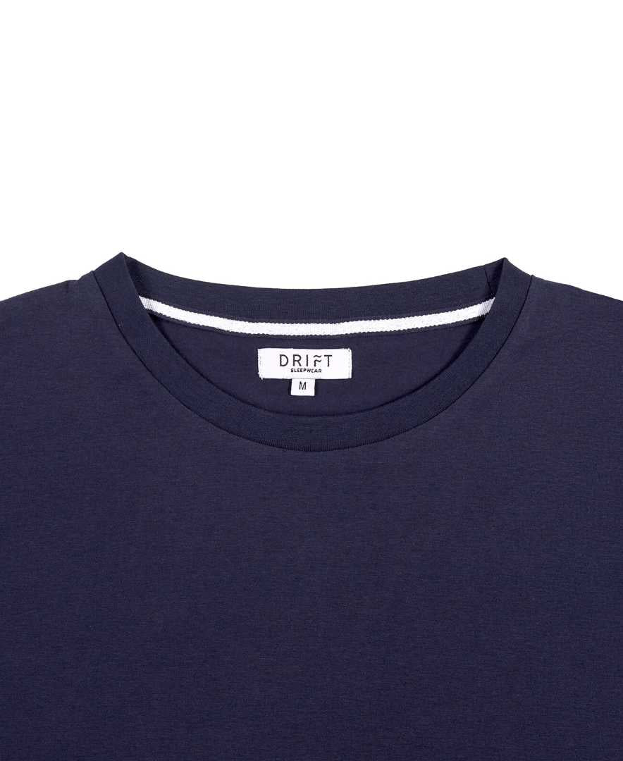 Close up of classic navy pyjama organic cotton t-shirt