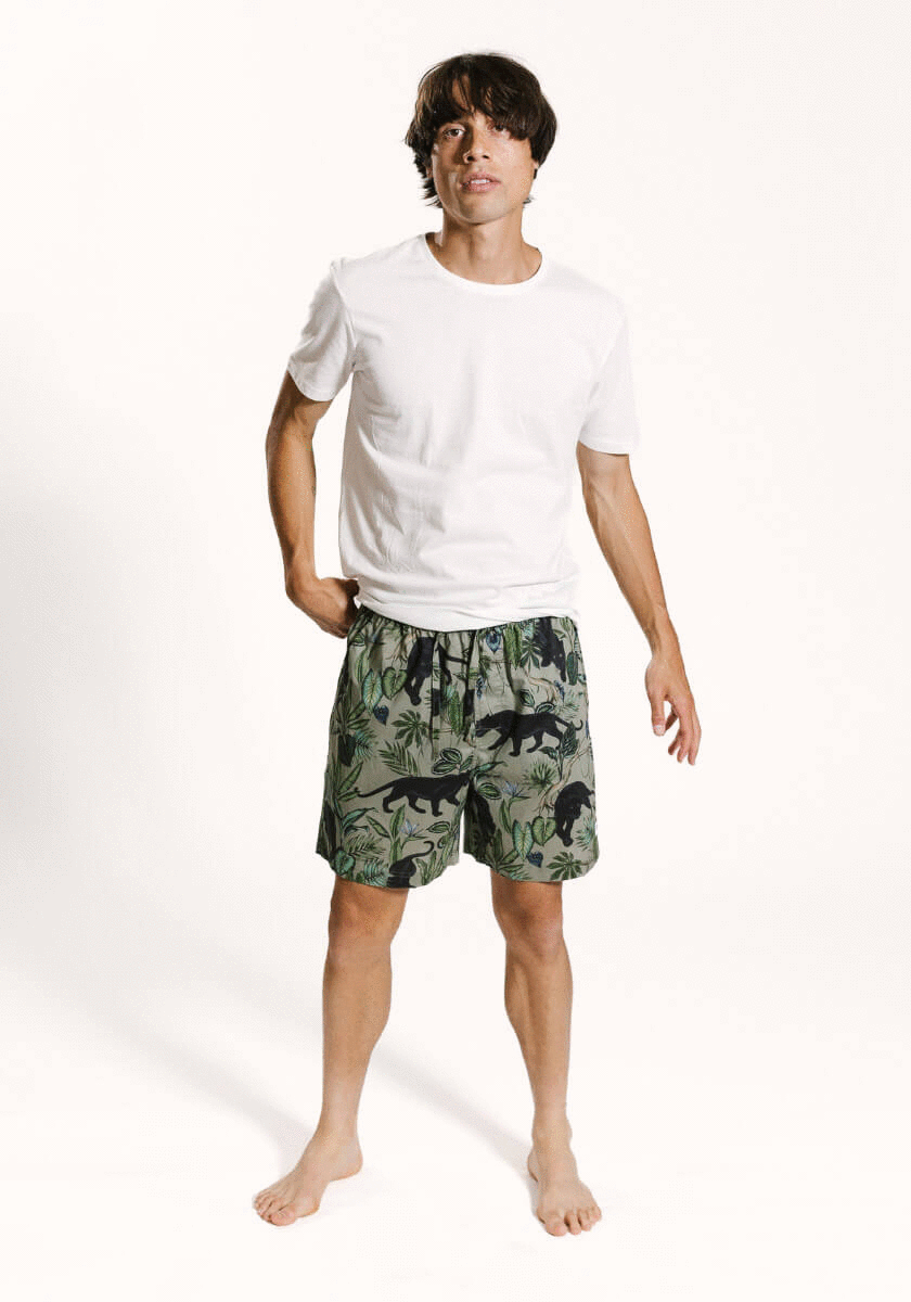 Mens pyjama shorts in jungle panther print paired with white organic cotton sleepwear t-shirt