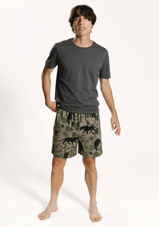 Mens pyjama shorts in jungle panther print paired with white organic cotton sleepwear t-shirt