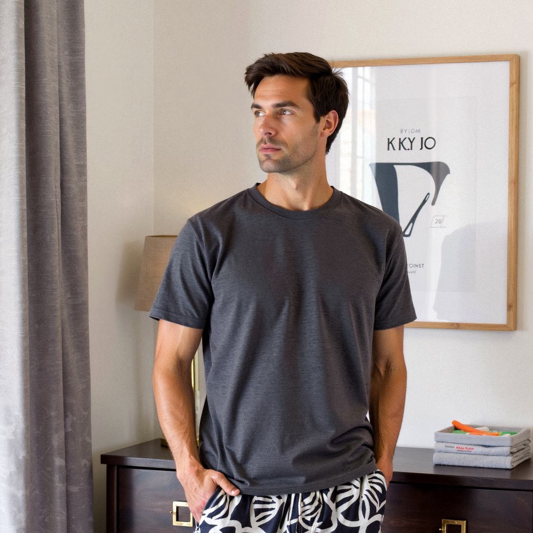 Dark Grey T-Shirt On Model With Panama Shorts