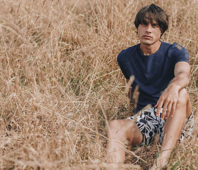 new navy organic cotton pyjama t-shirts for men by drift sleepwear on model lifestyle shoot
