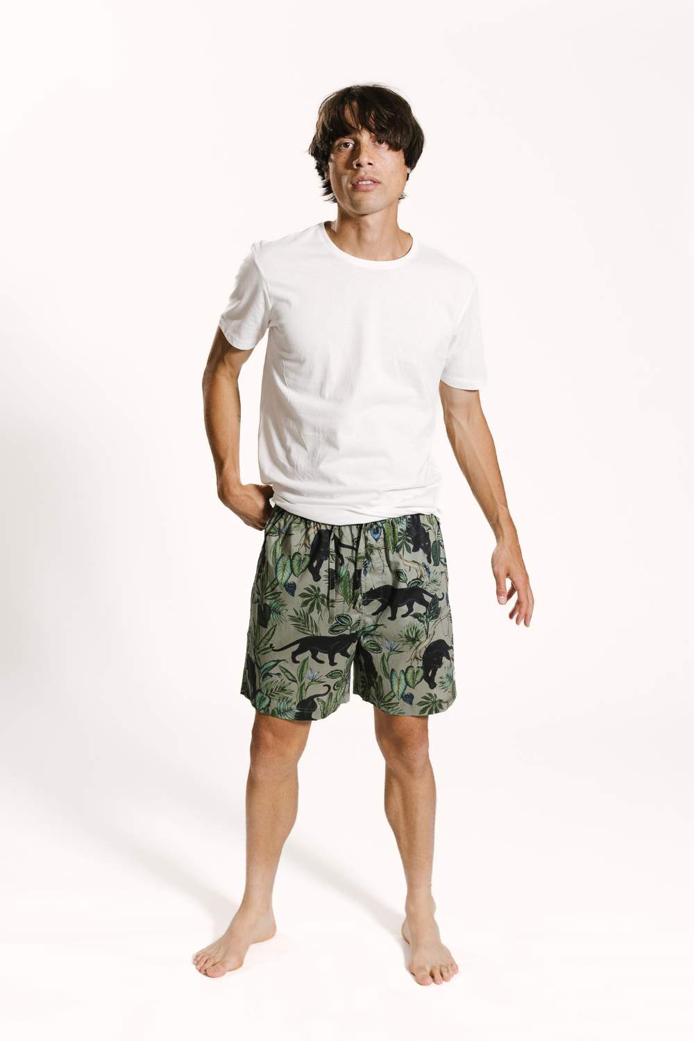 White organic cotton pyjama t-shirt paired with a tropical jungle panther printed pyjama shorts