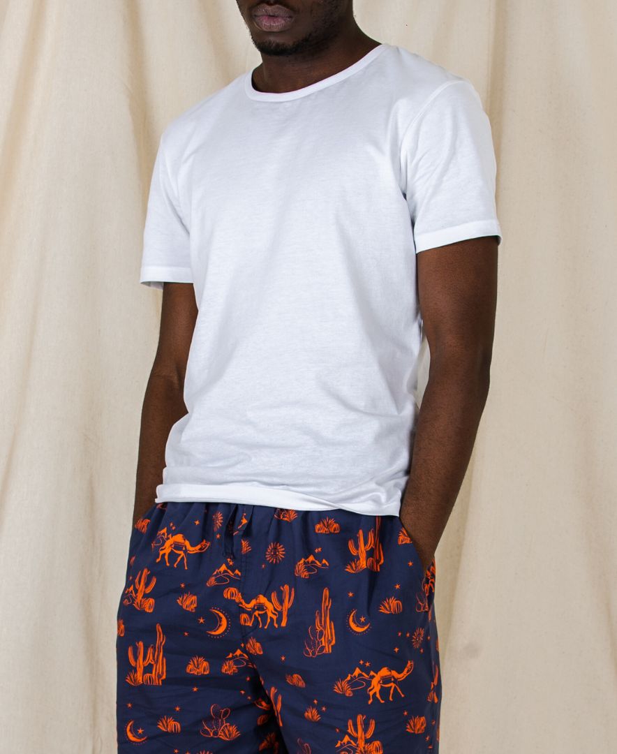 model wearing printed PJ bottoms and pyjama top on model 