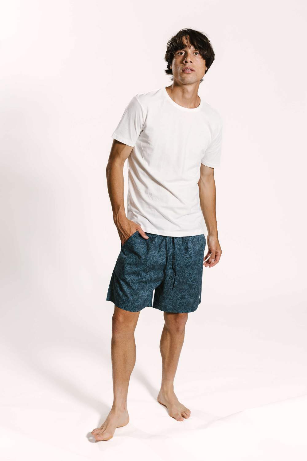 Mens pyjamas shorts in an organic cotton midnight garden print