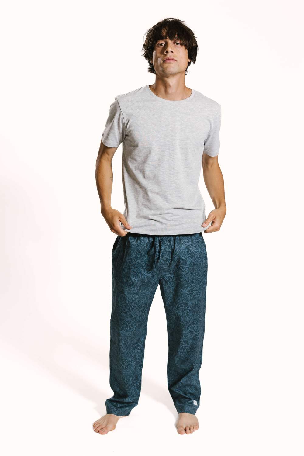 Midnight garden blue organic cotton mens pyjama bottoms set