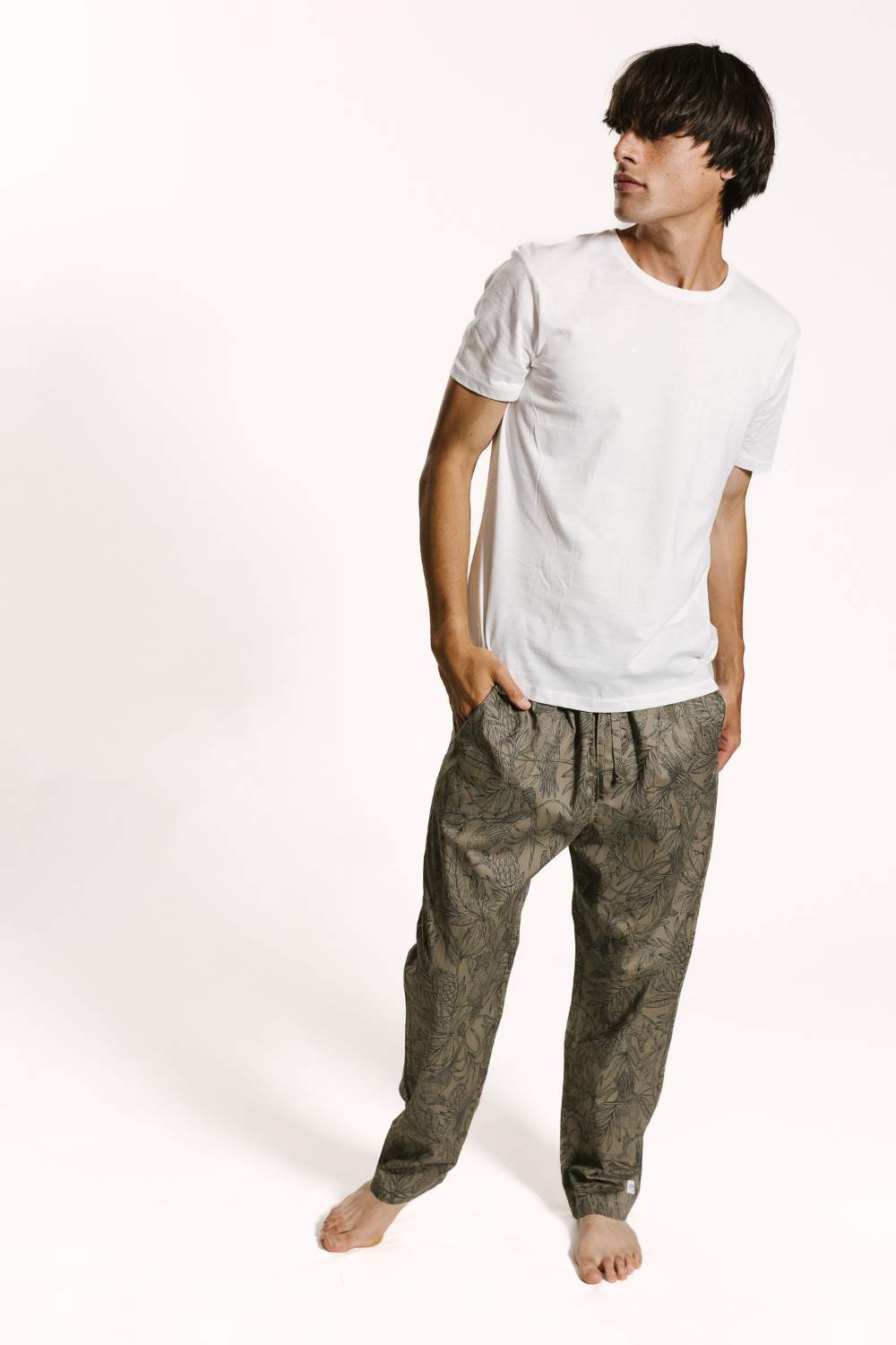 Mens moluccan cockatoo pyjama bottoms paired with white classic t-shirt