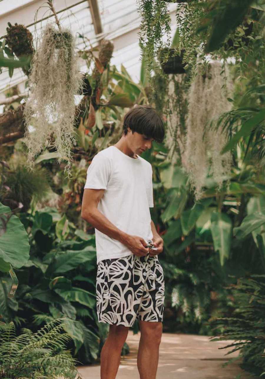 Model wearing Panama Pyjama Shorts and White Organic T-Shirt