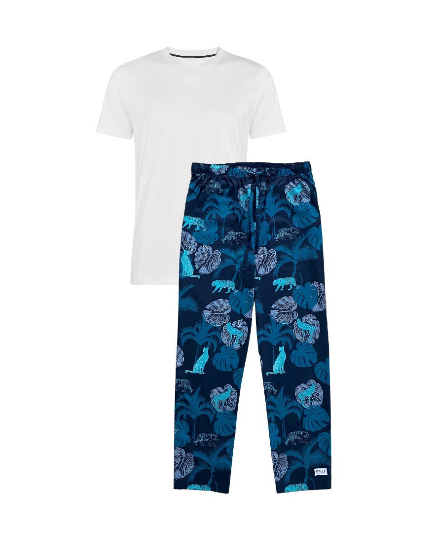 The Tropics Blue Printed Men's Pyjamas Paired With An Organic Cotton White Pyjama Top
