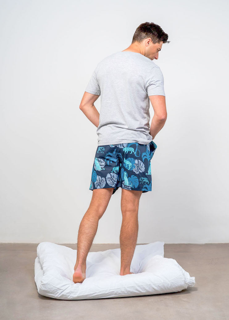 Back shot of model wearing drift sleepwear pj shorts