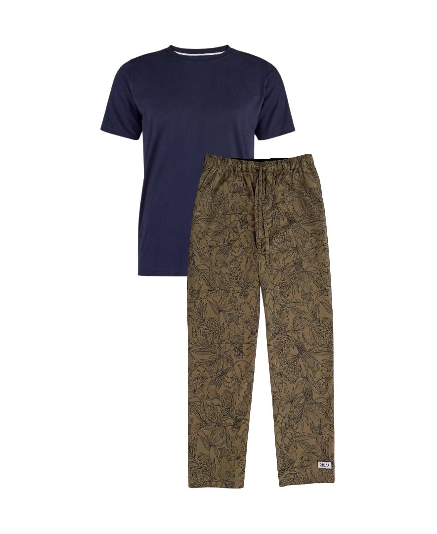Mens loungewear Moluccan cockatoo set with navy pyjama organic t-shirt 